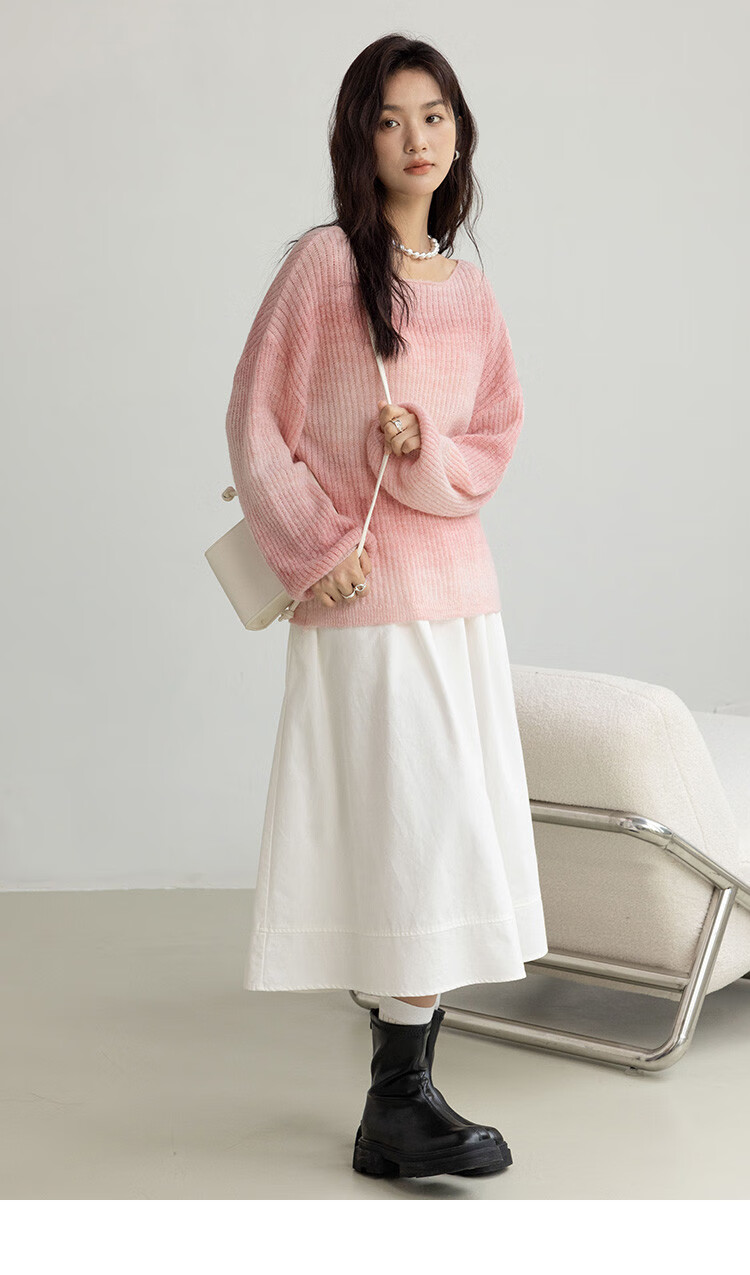 Demana Peach Blush Gradient Design Long Sleeve Knit Sweater Women Winter Crew Neck Pullover 12
