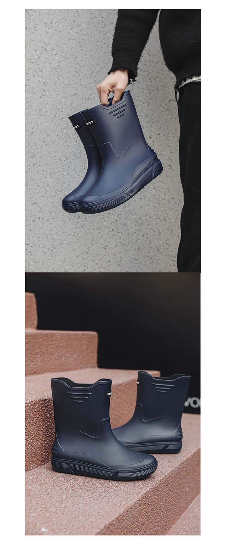 GUOLUOFEI Stylish Mid-Calf Rain Boots for Men, Thickened Sole Waterproof Non-Slip Fishing And Food Delivery Rubber Shoes, Rice Dumpling Color, Size 39 6