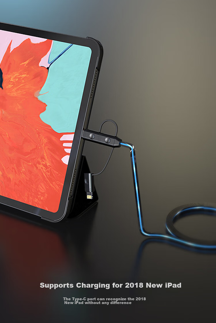 ESCASE Three-In Charger Cable for Apple Phones, Compatible with IPad 12.9-Inch Type-C, Android, Huawei, Multifunctional Flowing Light C28 Blue 5