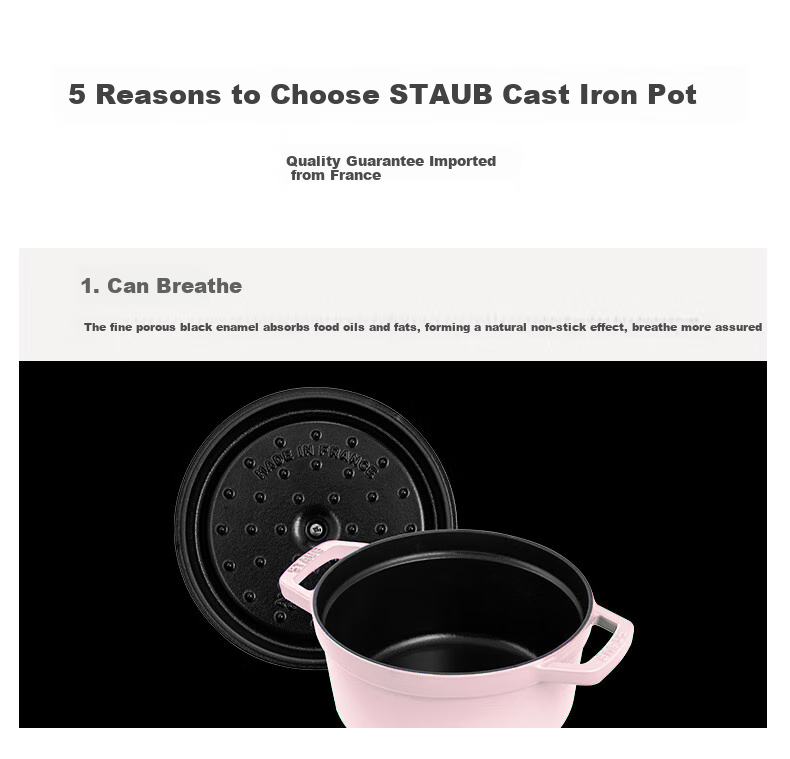 Staub French Imported Enamel Cast Iron Pot, Flat Bottom Double-Handled Soup Pot, Round Stew Pot, Mousse Rose, 24cm, 1030217 6