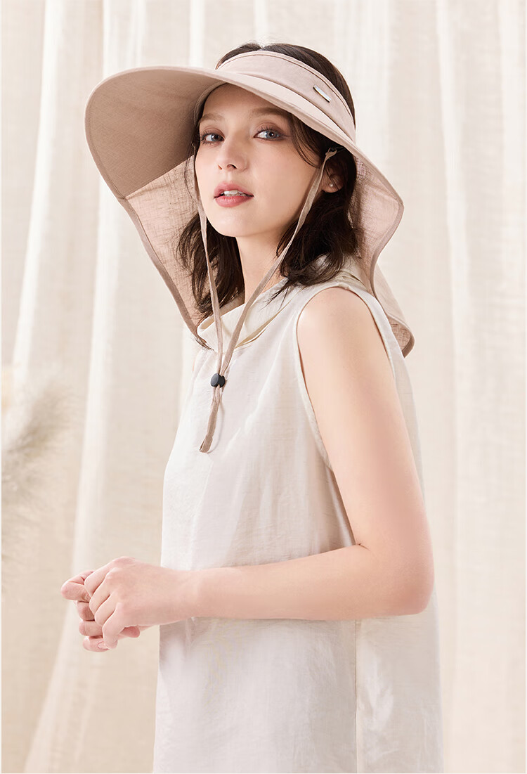 JIUMU Linen Sun Protection Hat, Women's Sun Hat, Sun Visor, Open Top Hat, Summer Face-Covering Neck Protection UV-Resistant Hat 18