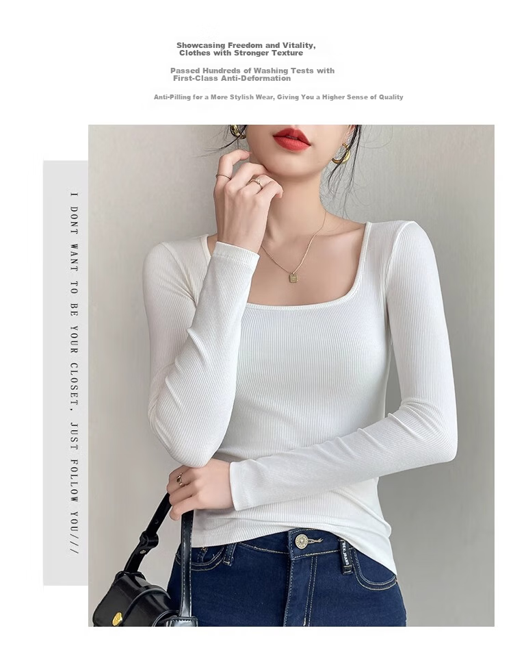 NOME Square Neck Ribbed Long Sleeve T-Shirt for Women, Autumn New Style Design Waist-Cinching Slimming Inner Layer Top, Black, M 6