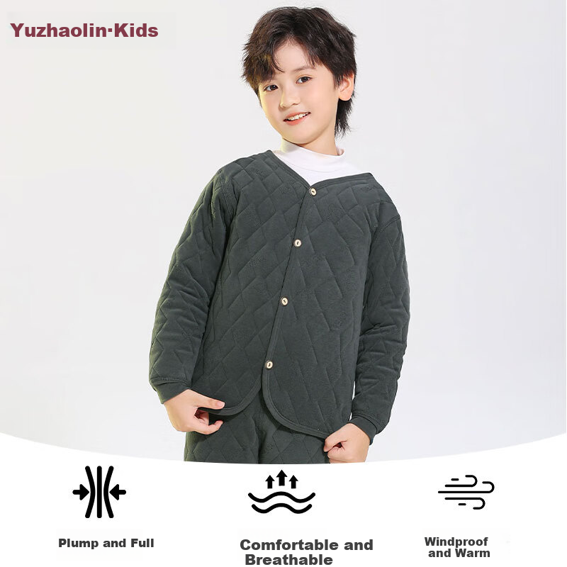 YUZHAOLIN Thermal Underwear, Three-Layer Thickened School Uniform Essential, Autumn And Winter Children's Set Suitable for Outdoor Wear, Dark Gray - Top, Size 130