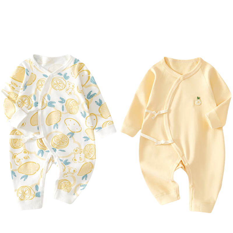 Babyprints Baby Romper 2-Pack, Infant Pure Cotton Onesie, All-Season Soft Underwear, Tummy Protection Long-Sleeve Loungewear, Yellow, Size 66