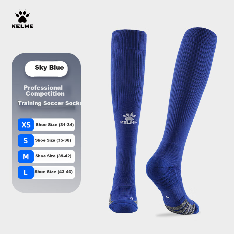 KELME Long Soccer Socks, Non-Slip Yarn, Thick Sole, High Tube, Professional Football Match Training Elite Sports Socks, Blue And Purple, XS