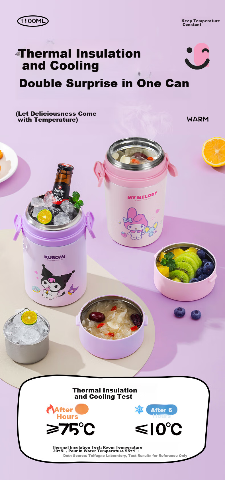 TAFUCO Insulated Lunch Box, 316 Stainless Steel, Cartoon Design for Office Workers, Food-Grade Insulated Container, Sanrio Collaboration T2023 4