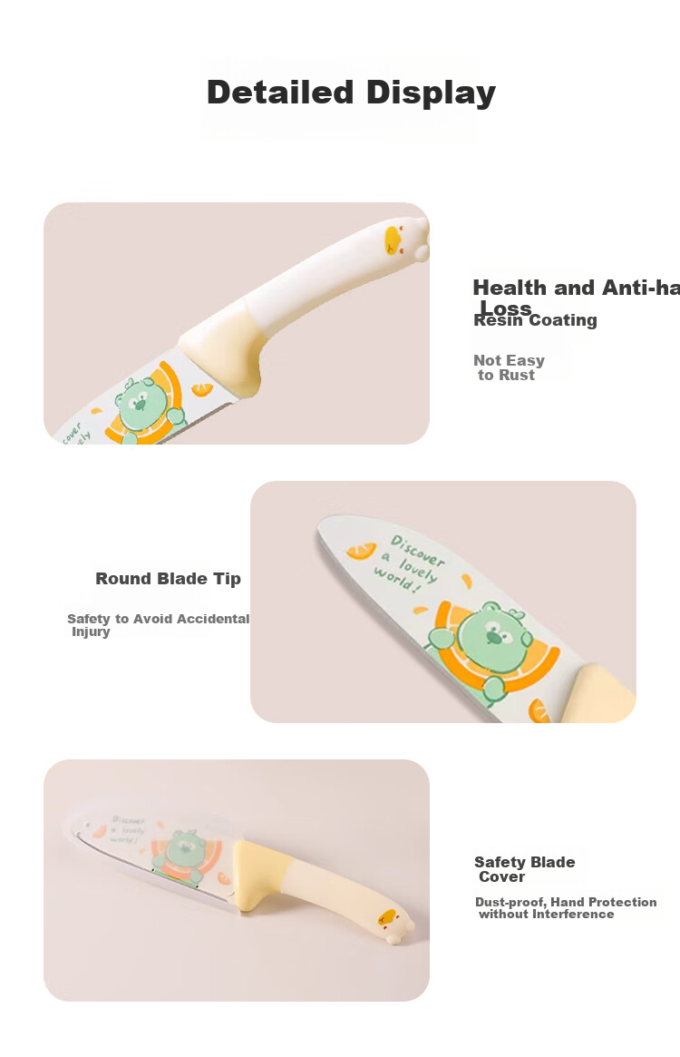 Baoshi Children's Small Kitchen Knife with Hand Guard, Stainless Steel Fruit Knife, Portable Outdoor Cutlery Set, Beige Bear Desig 6