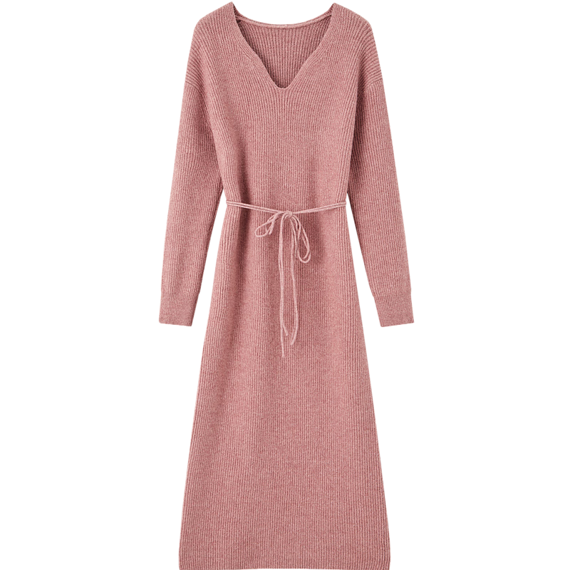 DME Spring Autumn Lady Style V-Neck Relaxed Fit Drop Shoulder A-Line Waist Belt Mid-Length Dress for Women