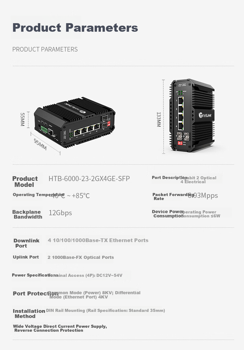 NetLINK Industrial Ethernet Switch, Ring Network Managed Gigabit 2 Optical 8 Electrical Industrial-Grade Fiber Optic Transceiver, DIN Rail-Mounted, SFP Port, HTB-6000 3
