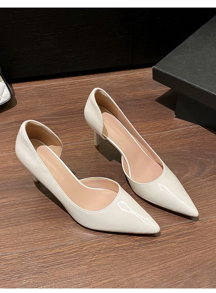 ZHR Valentine's Day Women's Nude Low-Cut Heels, Fashionable Stilettos, Elegant Slimming Patent Leather Versatile Professional Women's Shoes 21