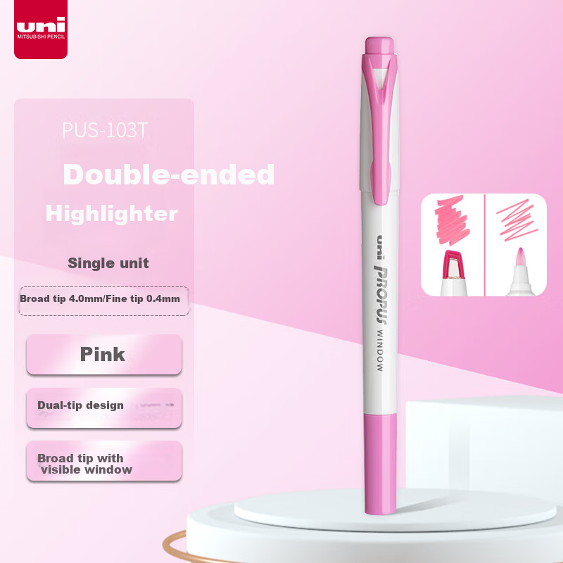 Uni Mitsubishi Dual-Tip Fluorescent Marker Pen for Student Homework, Journaling, Drawing And Marking, Colorful Pen, Fine 0.4mm Thick 4mm PUS-103T, 1 Piece/bag, Pink