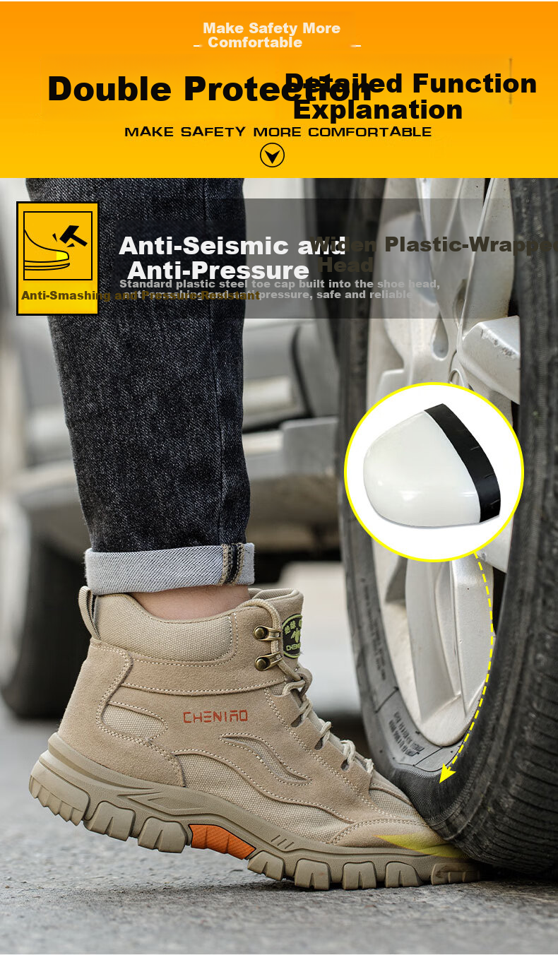 Chichengniao Safety Shoes for Men, Anti-Smashing And Puncture-Resistant Insulated Shoes with Plastic Toe Cap, Lightweight And Wear-Resistant Soft Sole, Breathable Summer Work Safety Shoes [High-Top Protection] Anti-Smashing And Puncture-Resistant - 2373 Sand Color Size 36 8