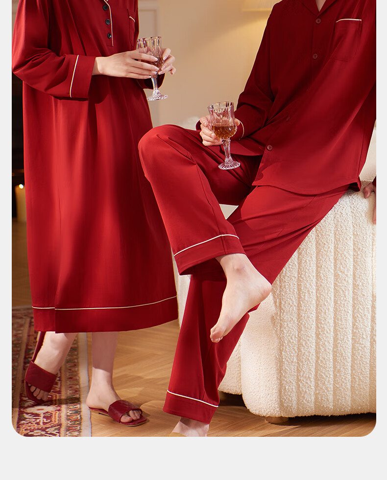 XULEN Modal Cotton Couples Red Nightgown and Robe Set for Wedding Year 63351 Jujube Red - Women M 5