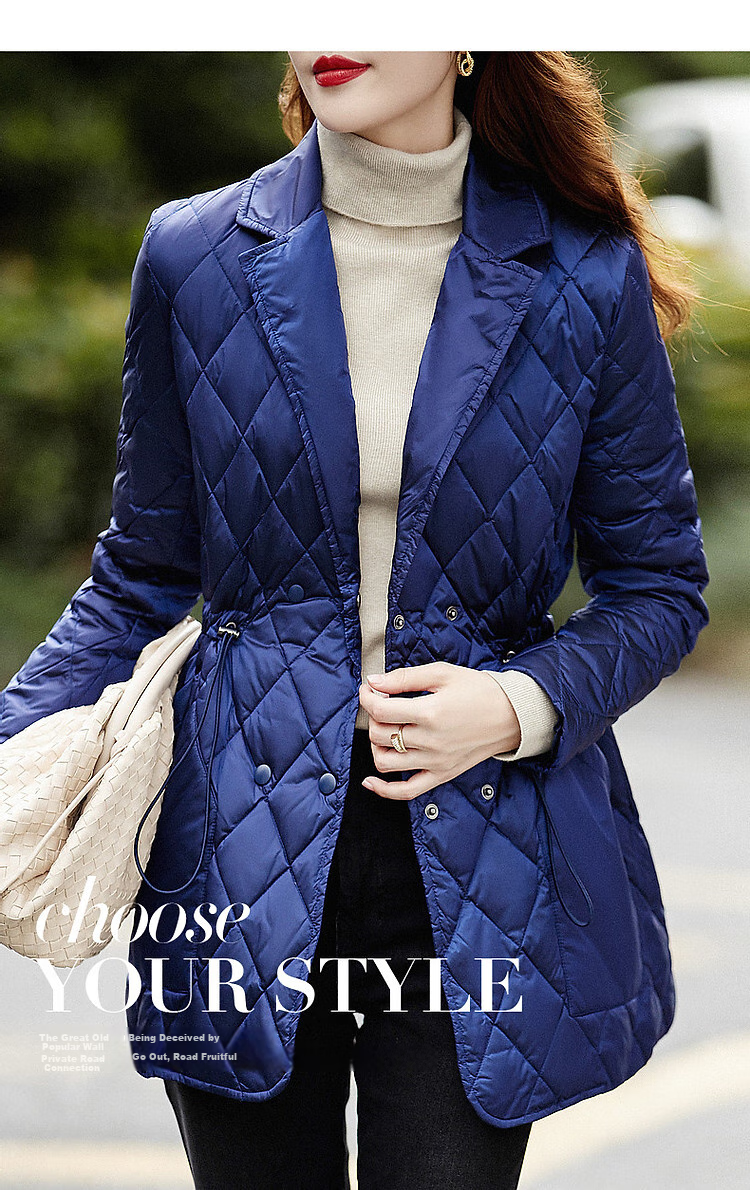 Dme Diamond Pattern Short down Jacket, Winter Commute Style, Lapel Collar, Drawstring Waist, Diamond Pattern Suit Style down Jacket for Women, Short Style 1