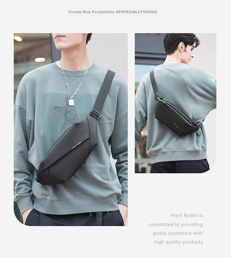 MARK RYDEN Men's Single Shoulder Bag, Motorcycle Crossbody Backpack, Sports Trendy Chest Bag, Cycling Waist Pack, Phone Bag MR5860 Elegant Black 10