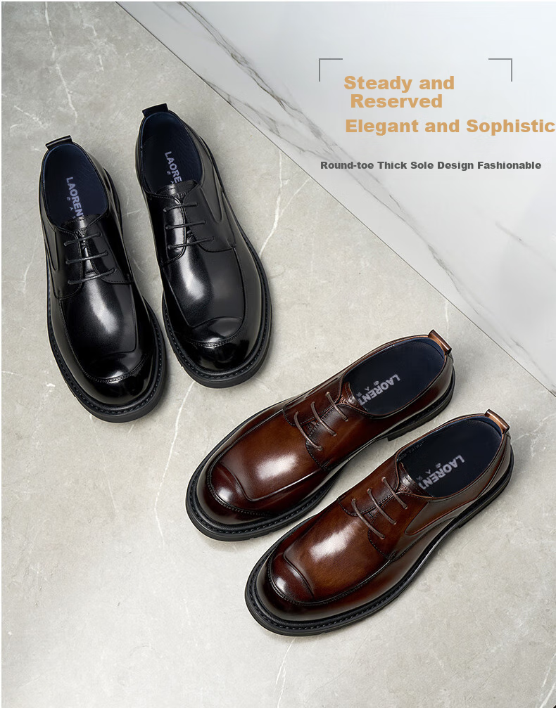 LAORENTOU Men's Leather Shoes, Top-Grain Leather, Classic Business Dress Shoes, Thick-Soled Formal Leather Shoes, 522010119, Black, Size 44 4