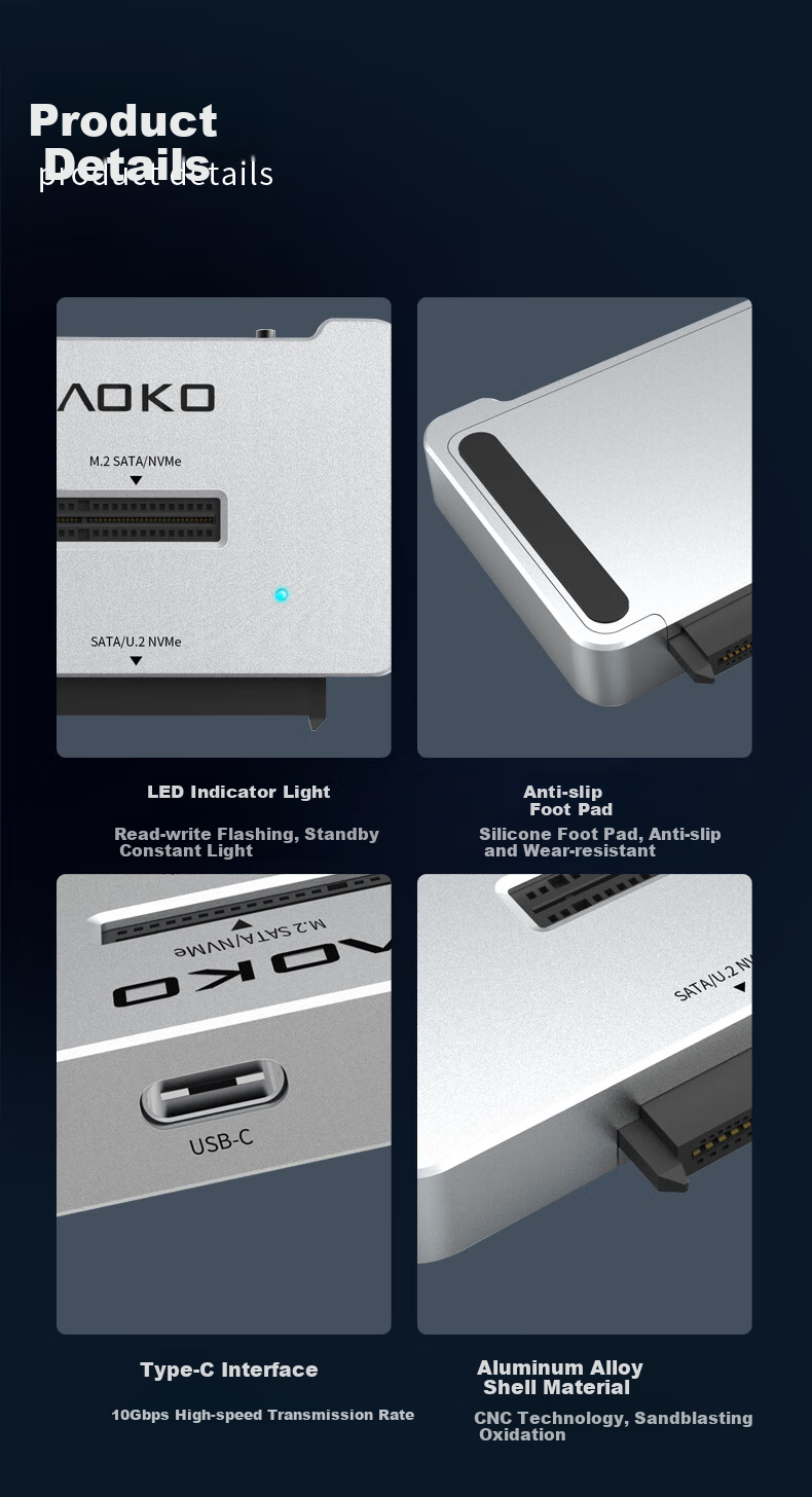 AOKO U.2/U.3/SATA/M.2 Hard Drive Dock, U.2 SSD Enclosure, NVME External Case, U2 to USB Converter, 2.5/3.5-Inch SATA Hard Drive Reader Adapter AU10SL 18