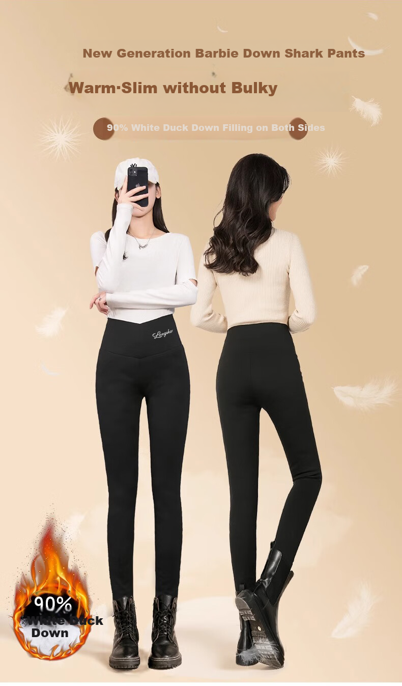 LangSha 2025 Autumn And Winter New Barbie down Pants for Women, Fleece-Lined White Duck down High-Waist Shark Cotton Pants, Cold-Proof Warm Trousers 1