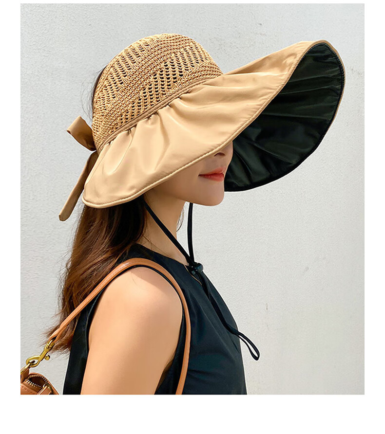 FitonTon Women's Wide Brim Sun Hat, UV Protection Black Gel Visor Cap, Summer Outdoor Versatile Straw Hat 17