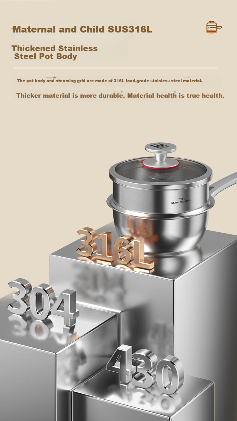 Kobach Non-Stick Milk Pot, Thickened 316L Stainless Steel, Uncoated Baby Food Pot, Three-Layer Composite Bottom, Suitable for Stove And Oven, 16cm 6