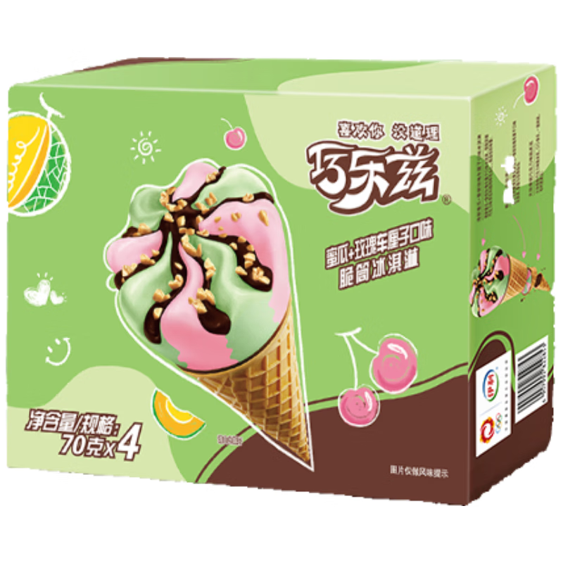 伊利巧乐兹哈密瓜玫瑰车厘子味脆筒冰淇淋70克/支*4支