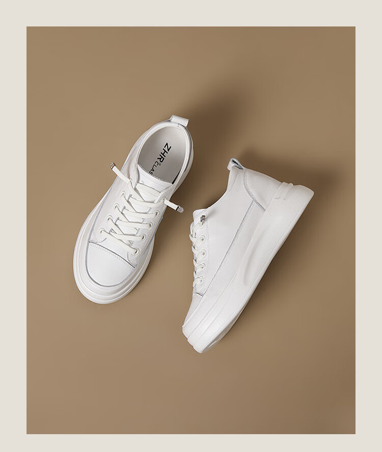 ZHR Top-Grain Leather White Sneakers for Women, Thick-Soled Height-Increasing Casual Shoes, Lightweight Versatile Women's Shoes, KS59F, White, Size 36 6