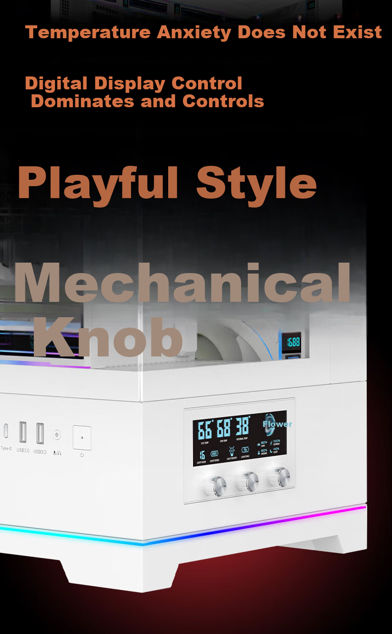 AOC AICG860W White EATX Gaming Computer Case with Three-Sided Glass View, Quick-Release Design, 9-Slot Dual Graphics Card Support, 480mm Water Cooling Compatible, Functional Display Scree 4