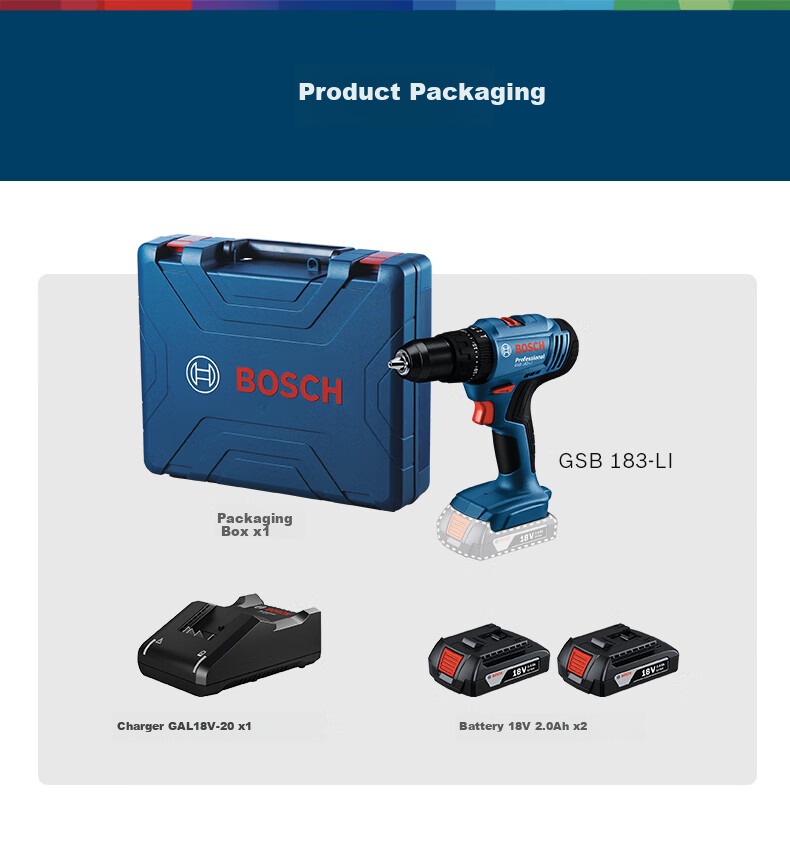 BOSCH Electric Drill, Impact Drill, Handheld Drill, Screwdriver Machine, Flat Drill, Impact Three-In 18V Lithium Battery GSB183-LI Dual Battery 8