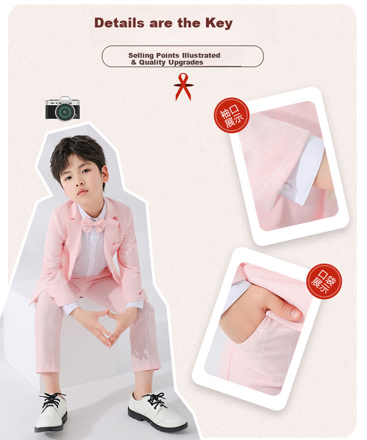 LUOBOBEIBEI Boys' Suit Set, Children's Formal Wear for Spring And Autumn, Plaid Suit, Flower Boy Birthday Outfit, Blue Four-Piece Set, Size 110 4