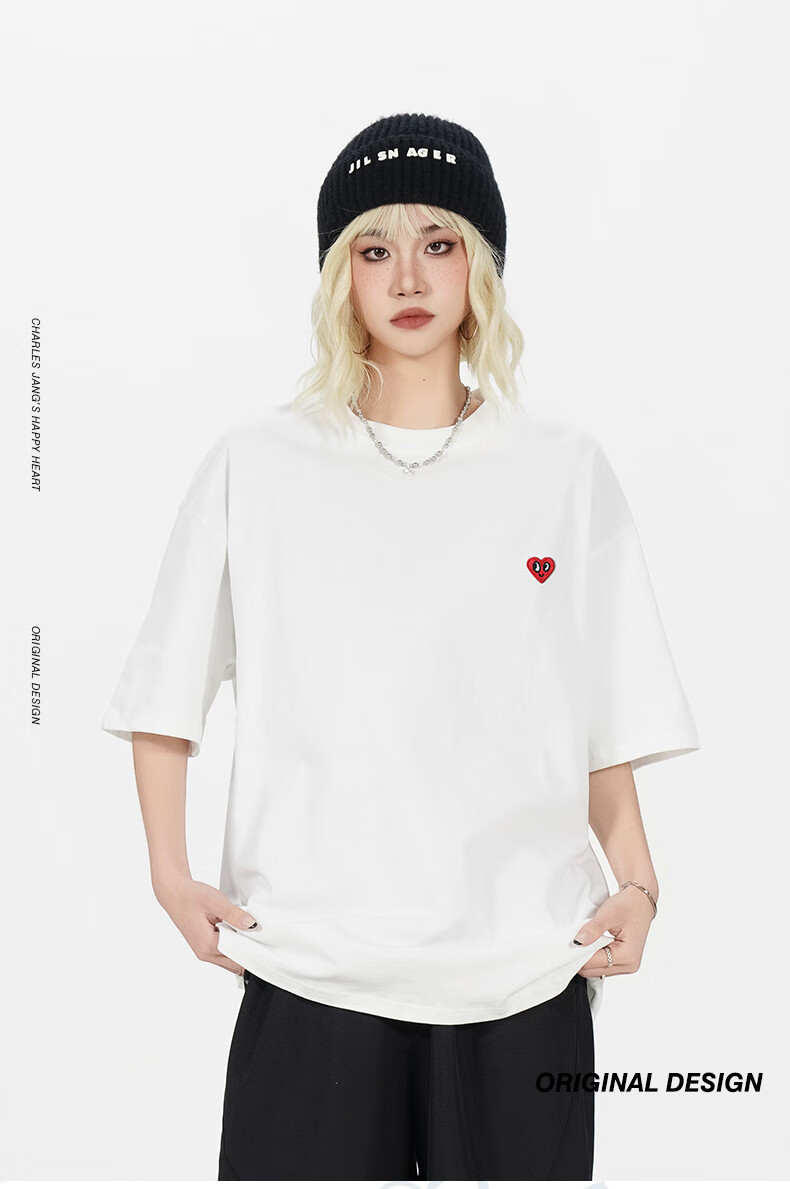 Chaersitaoxin [Wu Lei's Choice] Short-Sleeve T-Shirt for Men And Women, Summer New Style Pure Cotton Heavyweight Heart Embroidery, White, S 1