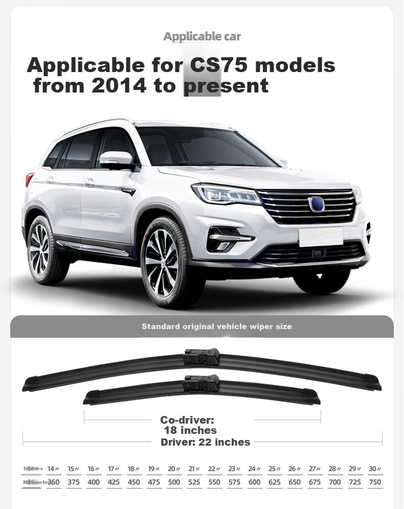 Deyun Frameless Windshield Wiper/wiper Blade for 2014-2022 Changan CS75, Front Wiper Blade, 22/18 Inches, 1 Pair 1