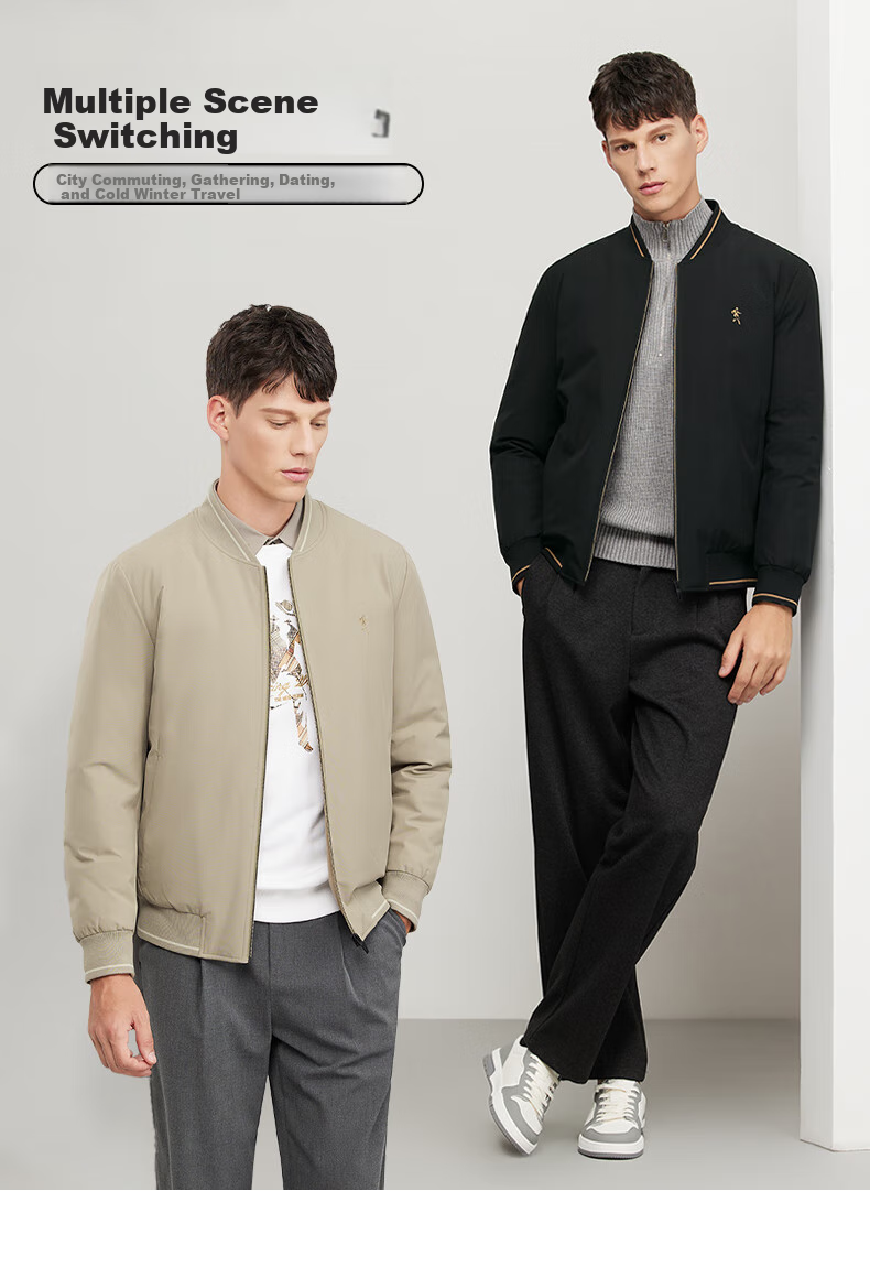 DANCING WOLVES [90% Duck Down + Graphene Lining] Windproof Baseball Jacket Casual Men's Outerwear, 001 Black, Size 165 3