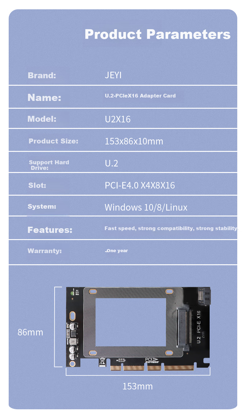 JEYI PCIe to U.2 128Gbps Full-Speed PCIe 5.0 Expansion Card Full-Height Bracket X4/X8/X16 Compatible with PCIe 4.0/3.0 SSD Adapter Card 4