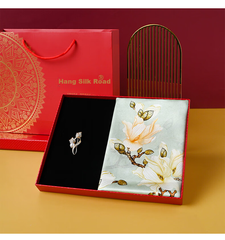 Hangsilu Silk Scarf, Women's Brooch Set, Shawl, Mulberry Silk, Birthday Gift, High-End Mid-Autumn Festival Gift for Mom, Wife, Elders 6