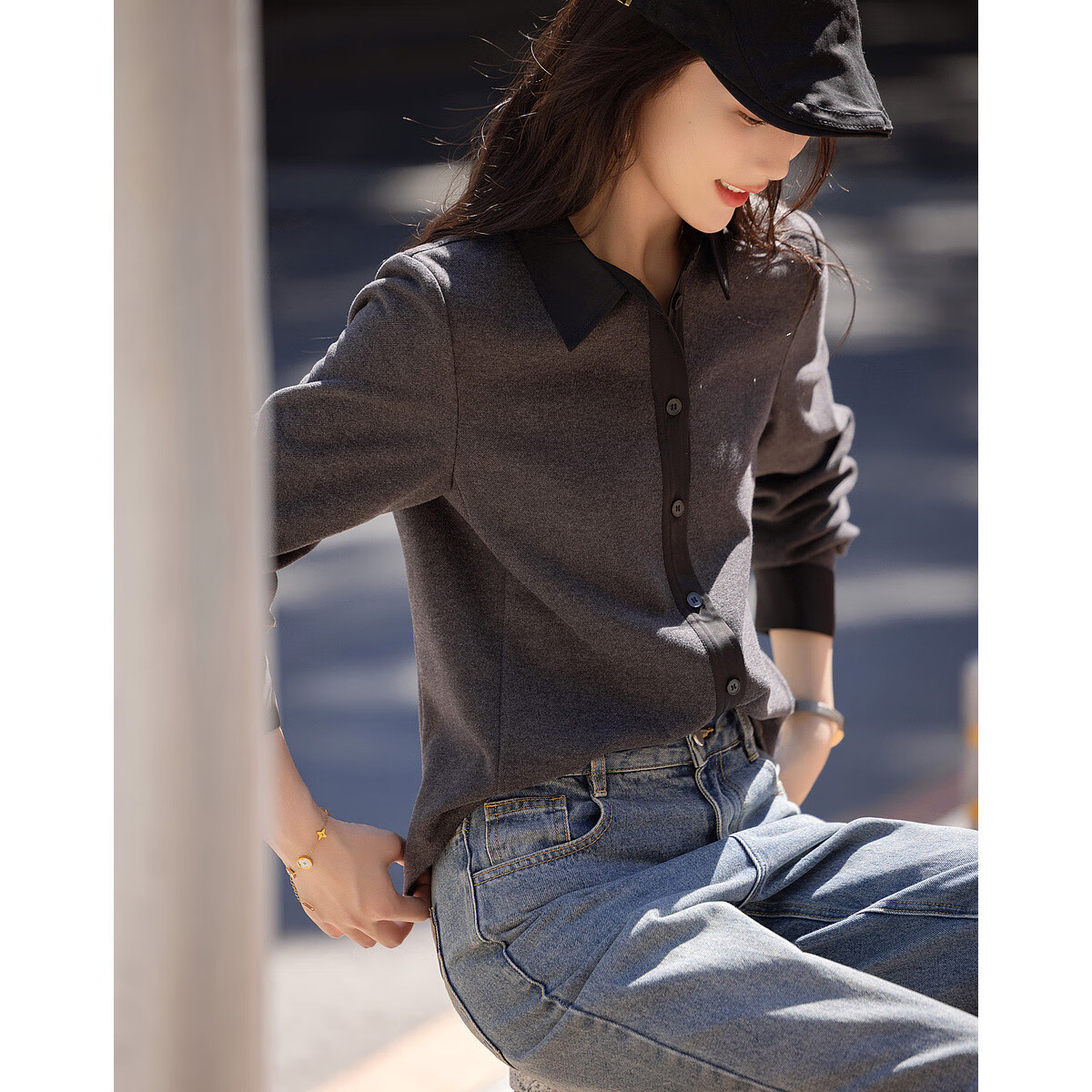 Dme High-End Elegant Cold-Weather Outfit Design, Commuter Shirt with Patchwork Jacquard Satin Fabric, Women's Blouse Top