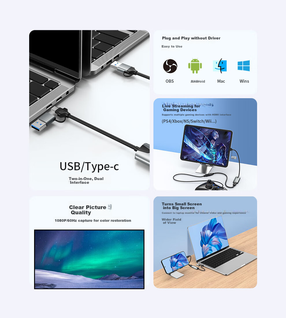 Keya HDMI Video Capture Card, 4K HD Input for Switch/NS/PS5/4, Game Phones, Cameras, Live Streaming And Recording, Computer USB/Type-C Dual Output Capture Device 2