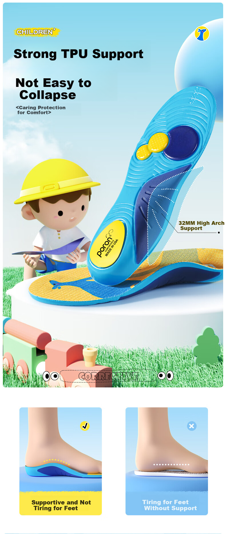 Maigaole Children's Customized Arch Support Insoles, 45° Hardness, for Freestyle Running And Flat Feet, Size 26-28 5