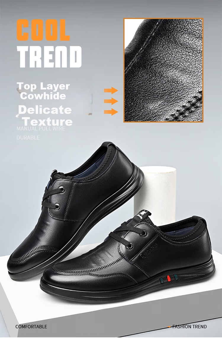 SPIDER KING Men's Casual Leather Shoes with Lace-Up, Korean Style Soft Sole Fashionable Business Men's Loafers, Black, Size 40 2