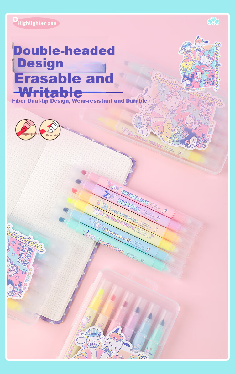 GuangBo Dual-Tip Erasable Highlighters, 6 Colors, Sanrio Collaboration Student Exam Review Highlighting Pens, Aesthetically Pleasing Journal Markers Office Marker KT84587 2