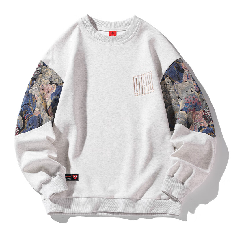 Charles Peach Heart Round Neck Sweatshirt Men Spring Autumn New Bear Embroidery Trendy Patchwork Couple Long Sleeve Shirt Gray 4XL 1