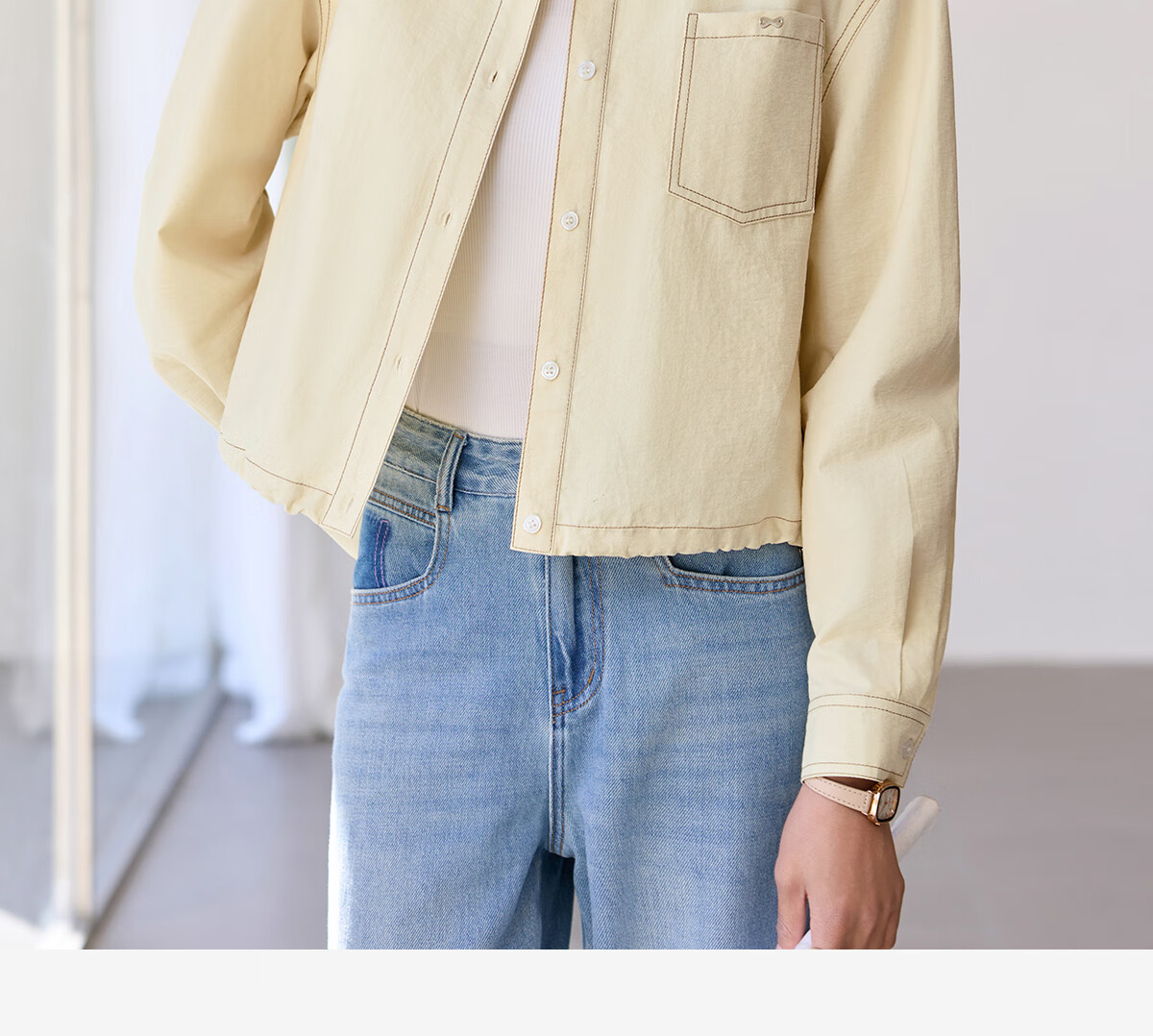 Chushen Women's Short Autumn Shirt Jacket with Drawstring Hem, Contrasting Color Stitching Design for Petite Figures S51D039 5
