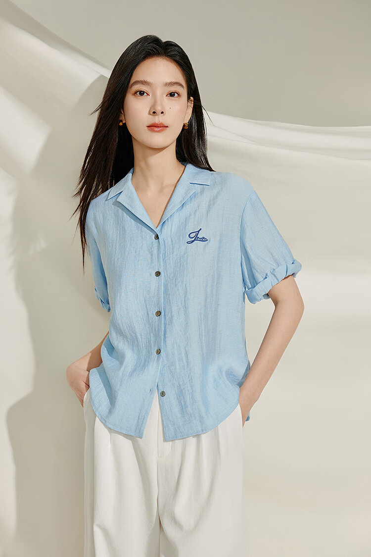 INMAN Summer 2026 Women's Blue Short Sleeve Linen Wrinkle Texture Shirt Light Blue XL 1