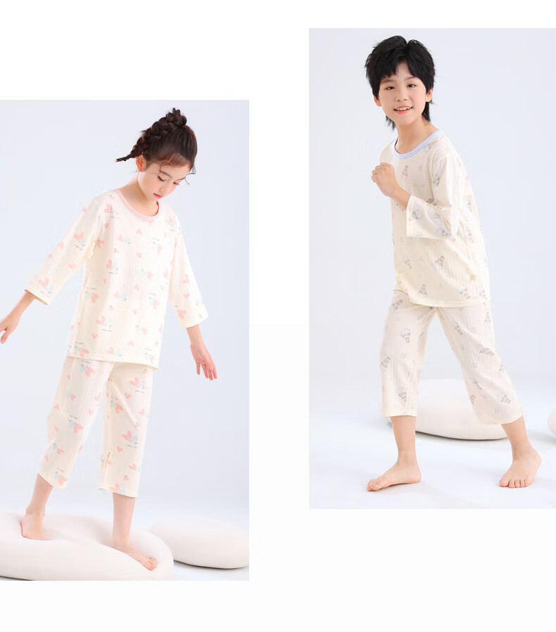 YUZHAOLIN Children's Pajamas Spring Boys And Girls Home Wear Set Cotton Student Air Conditioning Clothes Blue Dinosaur 140 12