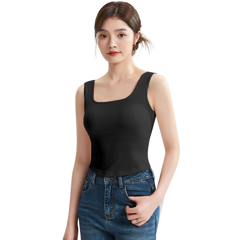 MiiOW Women's Cross Back Strap Vest with Nude Chest Pad, Antibacterial Slim Fit Base Layer, Black M
