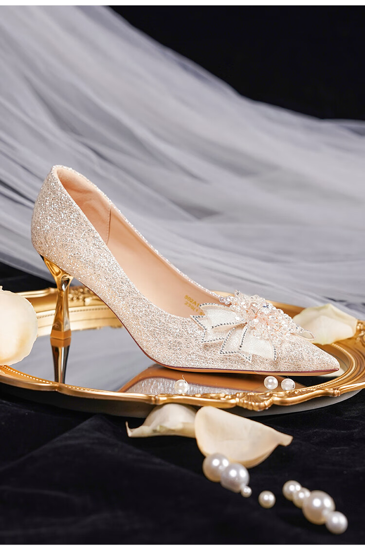 Josiny Pointed High Heels for Women, Thin Stiletto 2026 New Style, Beautiful Wedding Shoes, Bride Shoes, Champagne Color, Engagement Single Shoes, Champagne Gold, Size 34 4
