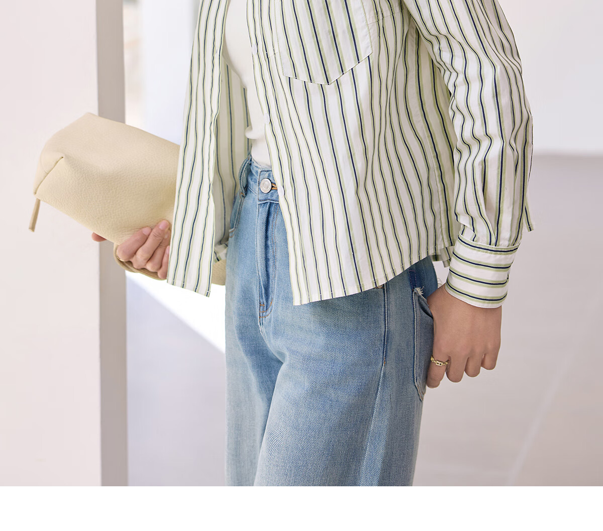 Chushen Women's Long-Sleeve Shirt, Contrasting Color Lapel, Classic Striped Short Casual Commuter Pure Cotton Blouse S51S043 10