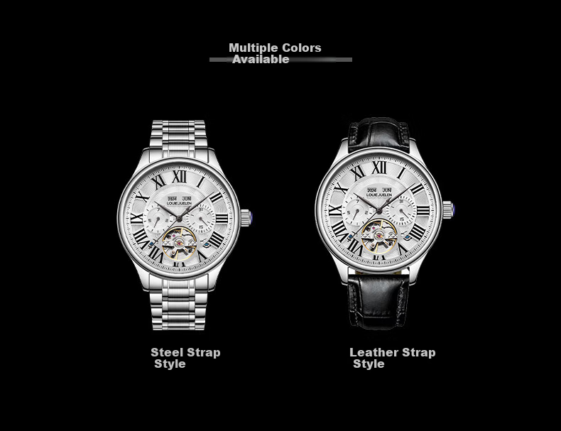 LOUIE JUELEN Men's Mechanical Watch, Student Fully Automatic Genuine Product, Skeleton Tourbillon, Business Style, Silver Case with White Dial And Steel Strap 13
