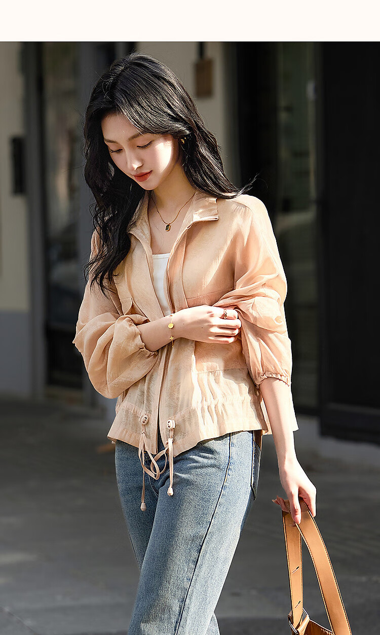 Dme [Elegant Gradient Print] Spring Lightweight Lyocell Drawstring Large Patch Pocket Elastic Cuff Sports Women's Jacket 15