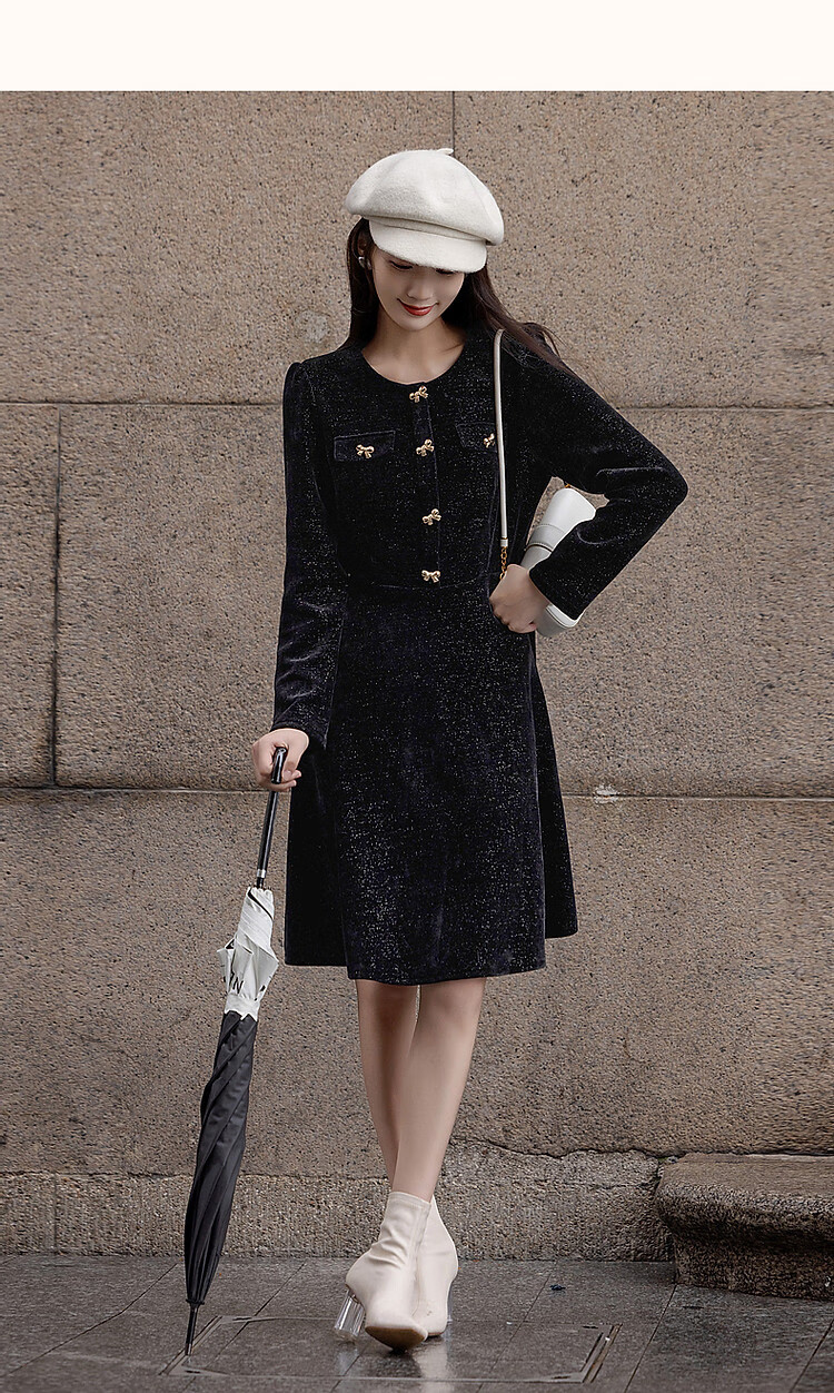 DME "New Year and Roses" Autumn/Winter Velvet Touch Shiny Silk Butterfly Bow Decorated Bubble Sleeve Waist-Enhancing Elegant Women's Dress 8