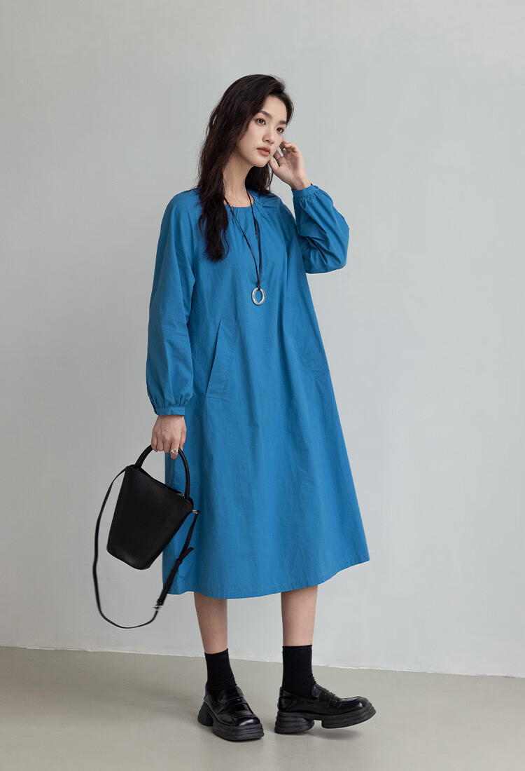 Dme Simple Healing Blue Long Dress Spring Autumn Round Neck Pullover Gathered Long Sleeve Mid-Length Dress 4